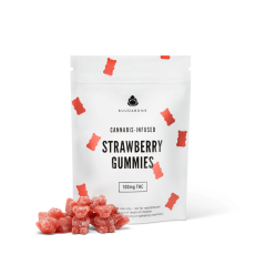 A close-up image of BuudaBomb Strawberry Gummies, with the white packaging featuring small red gummy bears and a pile of red strawberry-flavored gummies in front