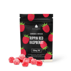 BuudaBomb Rippin Red Raspberry gummies package with raspberry-themed design, displaying several round red gummies in front