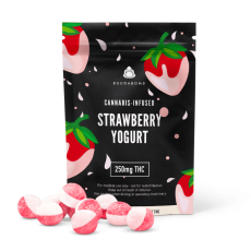 BuudaBomb Strawberry Yogurt gummies package with strawberry-themed design, displaying several red and white gummies in front