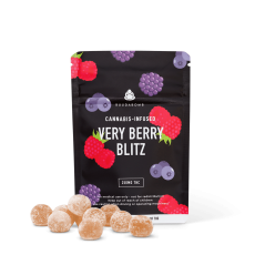 BuudaBomb Very Berry Blitz gummies package featuring berry illustrations, with light brown round gummies in front