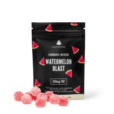 BuudaBomb Watermelon Blast gummies package with watermelon-themed design, displaying round red gummies in front