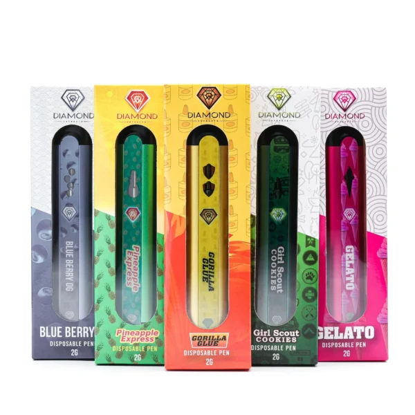 Five Diamond Concentrates 2g disposable vape pens in their packaging, featuring flavors such as Blueberry OG, Pineapple Express, Gorilla Glue, Girl Scout Cookies, and Gelato arranged in a row with colorful, distinct designs.