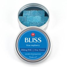 Vibrant blue, sugar-coated raspberry-flavored THC gummies in a silver tin, labeled 250mg THC