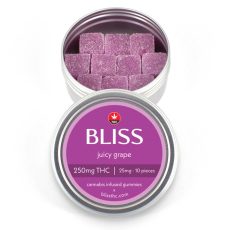 Purple, sugary grape-flavored THC gummies packaged in a round silver tin with 250mg THC