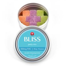 Mixed gummies in bright colors like orange, purple, and green inside a silver tin labeled "Party Mix" with 250mg THC