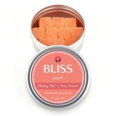 Orange-colored peach-flavored THC gummies neatly arranged in a silver tin with a peach-colored label reading 250mg THC