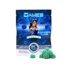 Blue Raspberry-flavored Dames Gummy Co 200mg THC Sour Gummies package, featuring cannabis-infused gummies with 20mg of THC per piece. The packaging showcases the vibrant blue raspberry flavor. Available at Weed Market