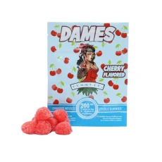 Sour Cherry-flavored Dames Gummy Co 200mg THC Gummies package, featuring cannabis-infused gummies with 20mg of THC per piece. The packaging displays a fun cherry-themed design. Available at Weed Market