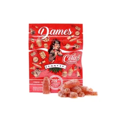 Cola-flavored Dames Gummy Co 200mg THC Gummies package, featuring cannabis-infused gummies with 20mg of THC per piece. The red packaging showcases a retro cola-inspired theme. Available at Weed Market
