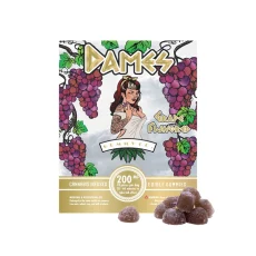 Grape-flavored Dames Gummy Co 200mg THC Gummies package, featuring cannabis-infused gummies with 20mg of THC per piece. The packaging highlights a bold grape theme with vibrant clusters of grapes. Available at Weed Market