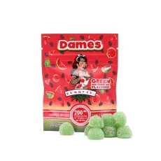 Green Watermelon-flavored Dames Gummy Co 200mg THC Gummies package, featuring cannabis-infused gummies with 20mg of THC per piece. The packaging highlights a bold watermelon theme with vibrant slices of green watermelon. Available at Weed Market