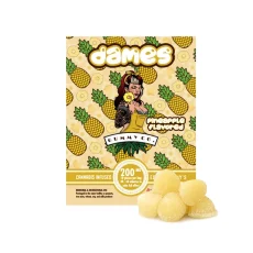 Pineapple-flavored Dames Gummy Co 200mg THC Gummies package, featuring cannabis-infused gummies with 20mg of THC per piece. The packaging highlights a bold pineapple theme with bright, yellow pineapple designs. Available at Weed Market