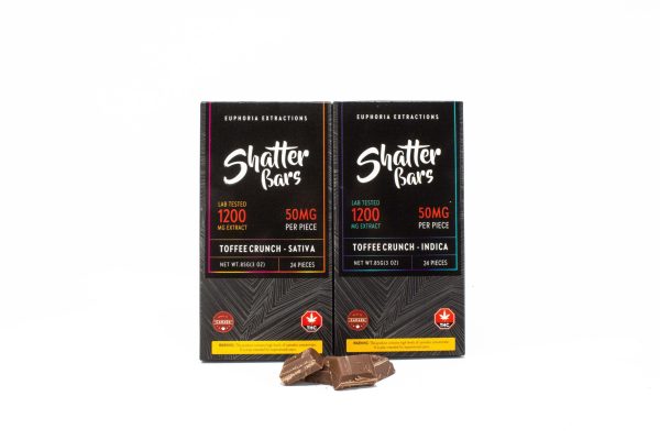Two Shatter Bars 1200mg THC packages in Toffee Crunch flavor, available in Sativa and Indica varieties, with chocolate squares shown in front of the packaging.