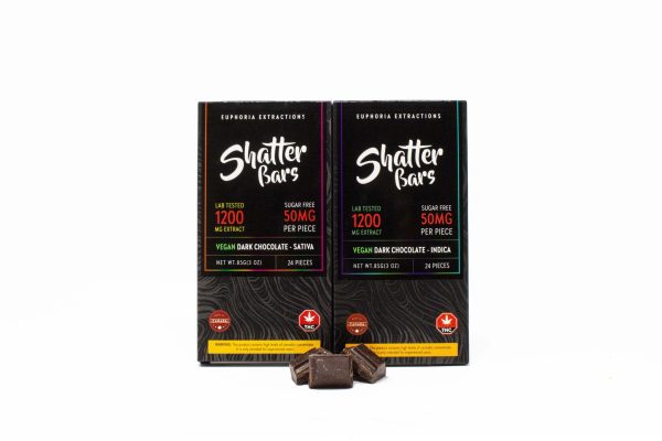 Two Shatter Bars 1200mg THC packages in Vegan Dark Chocolate flavor, available in Sativa and Indica varieties, with dark chocolate squares displayed in front of the packages.