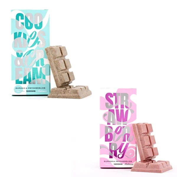 Cookies and Cream & Strawberry Swirl 1200mg Euphoria Psychedelics Mushroom Chocolate Bars - Two mushroom chocolate bars in bold packaging. One is beige with mint packaging (Cookies and Cream), and the other is pink with silver and pink packaging (Strawberry Swirl).