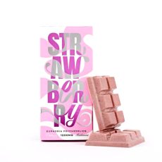 A pink white chocolate bar infused with 1200mg of psilocybin mushrooms, displayed with a stylish pink and silver packaging and a textured chocolate bar.