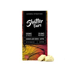 Front view of Euphoria Extraction Shatter Bar in 500mg concentration - Cookies and Green flavour sativa strain with pieces of chocolate in the front