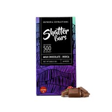 Front view of Euphoria Extraction Shatter Bar in 500mg concentration - Milk Chocolate flavour Indica strain with pieces of chocolate in the front