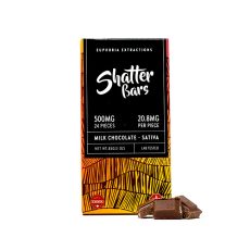 Front view of Euphoria Extraction Shatter Bar in 500mg concentration - Milk Chocolate flavour sativa strain with pieces of chocolate in the front