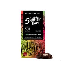 Front view of Euphoria Extraction Shatter Bar in 500mg concentration - Vegan Dark Chocolate flavour sativa strain with pieces of chocolate in the front