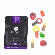 A close-up image of the Faded Edibles Party Pack, accompanied by assorted gummies in various shapes and colors, including rings, worms, and drops