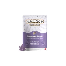 Passion Fruit-flavored Grounded High Dose Gummies package, featuring hand-crafted cannabis-infused gummies with 1000mg THC per bag, 100mg THC per piece. Available at Weed Market
