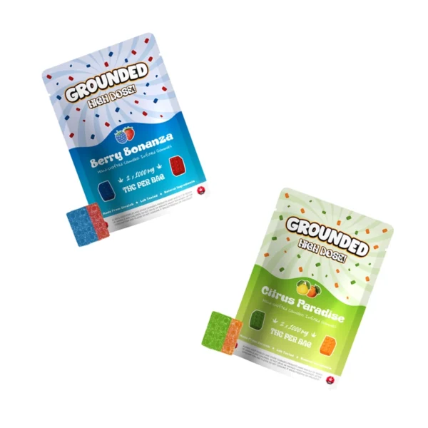 Image showing Grounded High Dose THC Gummies Bricks in Berry Bonanza and Citrus Paradise flavors, each package containing 2000mg THC per bag. The packaging highlights vibrant berry and citrus themes with gummies designed for experienced users