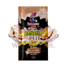 Major League Extractions Banana Split-flavored Indica disposable vape pen packaging, featuring banana split dessert imagery. The vape pen contains 82-96% THC and is labeled as a 1.1g premium disposable vape pen.