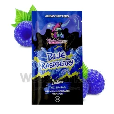Major League Extractions Blue Raspberry Indica disposable vape pen with 89-94% THC, blue packaging with raspberries and candy imagery.