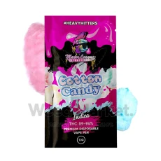 Major League Extractions Cotton Candy Indica disposable vape pen with 89-94% THC, pink and blue packaging with cotton candy swirls.
