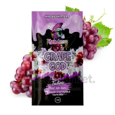 Major League Extractions Grape God disposable vape pen, highlighting a sweet grape flavor. Indica strain with THC concentration between 89-94%.
