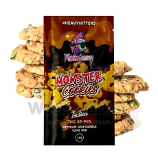 Major League Extractions Monster Cookies-flavored disposable vape pen with THC 89-94%, shown alongside a stack of cookies.