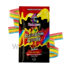Major League Extractions Rainbow Candy-flavored disposable vape pen with THC 89-94%, displayed with rainbow-colored sour strips.