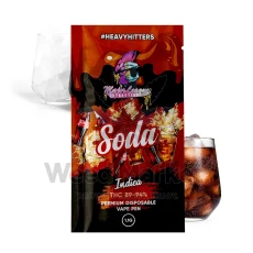 Major League Extractions Soda-flavored disposable vape pen with THC 89-94%, displayed with a glass of soda.