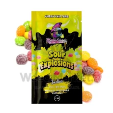 Packaging of Major League Extractions Sour Explosions disposable indica vape pen (1.1g) featuring colorful fruit-flavored sour candy.