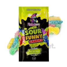 Packaging of Major League Extractions Sour Funny Candies disposable indica vape pen (1.1g) with a design inspired by sour gummy candies.