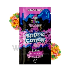 Packaging of Major League Extractions Space Candy disposable indica vape pen (1.1g) featuring multicolored candy clusters on the design.