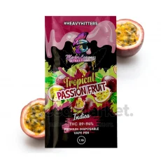Packaging of Major League Extractions Tropical Passion Fruit disposable indica vape pen (1.1g) with tropical passion fruit imagery.