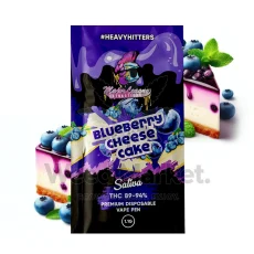 Major League Extractions Blueberry Cheesecake-flavored Sativa disposable vape pen packaging, featuring imagery of blueberries and a slice of blueberry cheesecake. The vape pen contains 89-94% THC, labeled as a 1.1g premium disposable vape pen under the #HeavyHitters label.