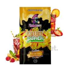 Major League Extractions Fruit Punch-flavored Sativa disposable vape pen packaging, showcasing vibrant images of fruit punch drinks with slices of oranges, strawberries, and raspberries. The vape pen contains 89-94% THC and is labeled as a 1.1g premium disposable vape pen under the #HeavyHitters label.