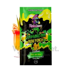 Major League Extractions Jamaican Rum Punch-flavored Sativa disposable vape pen packaging, featuring tropical imagery of rum punch drinks with fruit garnishes. The vape pen contains 89-94% THC and is labeled as a 1.1g premium disposable vape pen under the #HeavyHitters label.