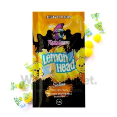 Major League Extractions Lemon Head-flavored Sativa disposable vape pen packaging, featuring vibrant imagery of yellow lemon candies. The vape pen contains 89-94% THC and is labeled as a 1.1g premium disposable vape pen under the #HeavyHitters label.