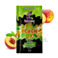 Major League Extractions Peach-flavored Sativa disposable vape pen packaging, featuring vibrant peach graphics. The vape pen contains 89-94% THC and is labeled as a 1.1g premium disposable vape pen under the #HeavyHitters label.