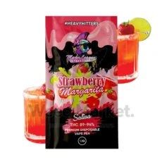 Major League Extractions Strawberry Margarita-flavored Sativa disposable vape pen packaging, showcasing strawberry margarita cocktail imagery. The vape pen contains 89-94% THC and is marked as a 1.1g premium disposable vape pen under the #HeavyHitters label.