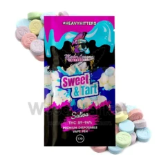 Major League Extractions Sweet & Tart-flavored Sativa disposable vape pen packaging, featuring candy-inspired sweet and tart imagery. The vape pen contains 89-94% THC and is labeled as a 1.1g premium disposable vape pen under the #HeavyHitters series.
