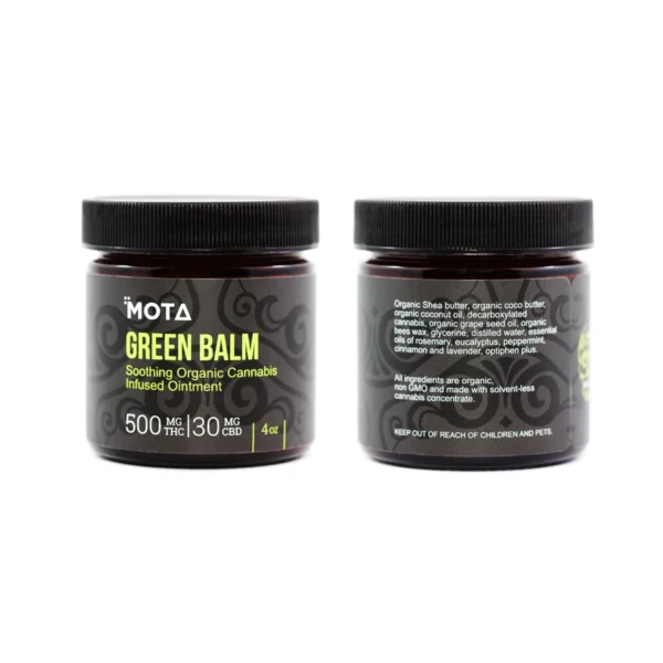 Front and back view of MOTA Green Balm, a 4oz cannabis-infused ointment containing 500mg THC and 30mg CBD, designed for soothing muscle pain, arthritis, and dry skin, packaged in a dark jar with a black lid