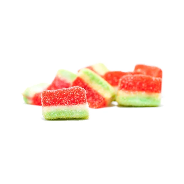 Close-up of Mota Sour Watermelon sugar-coated gummies shaped like watermelon slices, showing the detailed texture and sugar crystals