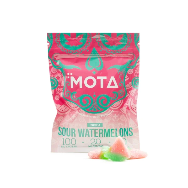 Mota Sour Watermelon Indica gummies with pieces of sugar coated gummies on the forefront