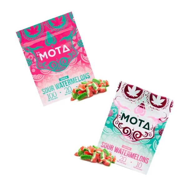 Mota Sour Watermelon Gummies, with 100mg THC and 20mg CBD, featuring vibrant pink and green packaging, with watermelon slice-shaped sugar-coated gummies in the foreground