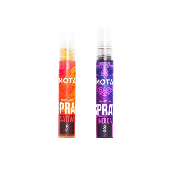 Two MOTA Pure THC Oil Spray bottles, one Sativa and one Indica, in 8 ml size
